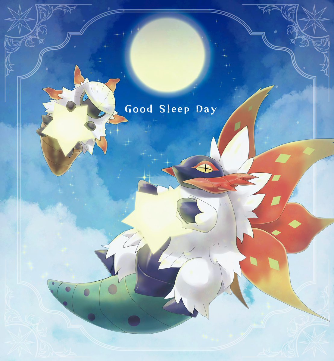 2others, clouds, english_text, evolutionary_line, highres, holding, holding_star, larvesta