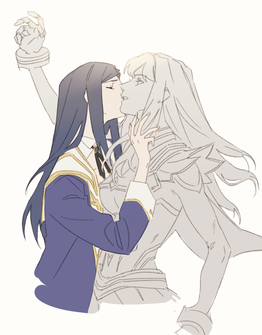 2girls, blue_jacket, closed_eyes, commentary_request, guri_gom, jacket, kiss, kissing_neck