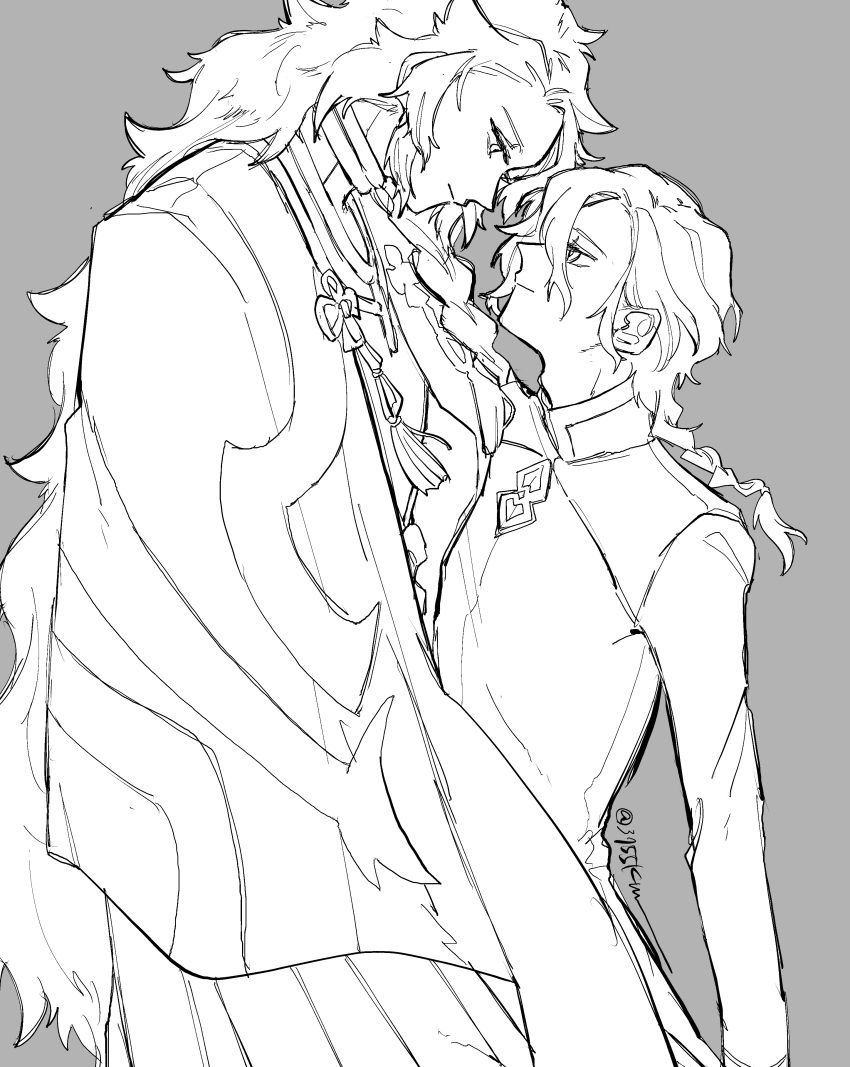 2boys, 3755km, absurdres, alt_text, artist_name, braid, chaldea_logo, closed_mouth