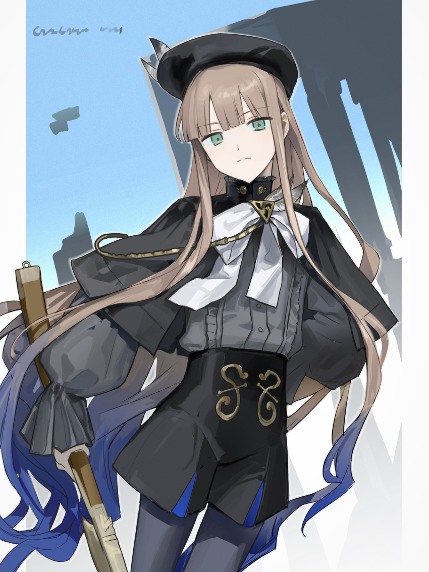 1boy, beret, black_capelet, black_hat, black_shorts, blue_hair, bow, bowtie