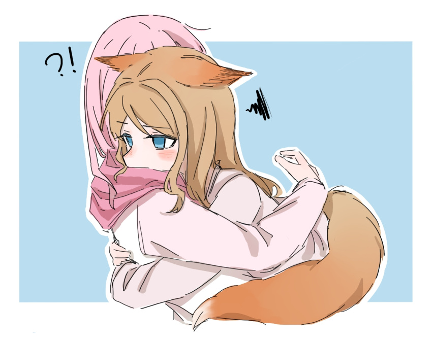 !?, 2girls, animal_ears, bang_dream!, bang_dream!_it's_mygo!!!!!, blue_background, blue_eyes, blush, border, chihaya_anon, commentary, fox_ears, fox_girl, fox_tail, hood, hoodie, hug, kemonomimi_mode, kui_ckuqiz, long_hair, multiple_girls, nagasaki_soyo, outline, pink_hair, pink_hoodie, simple_background, squiggle, symbol-only_commentary, tail, white_border, white_outline, yuri
