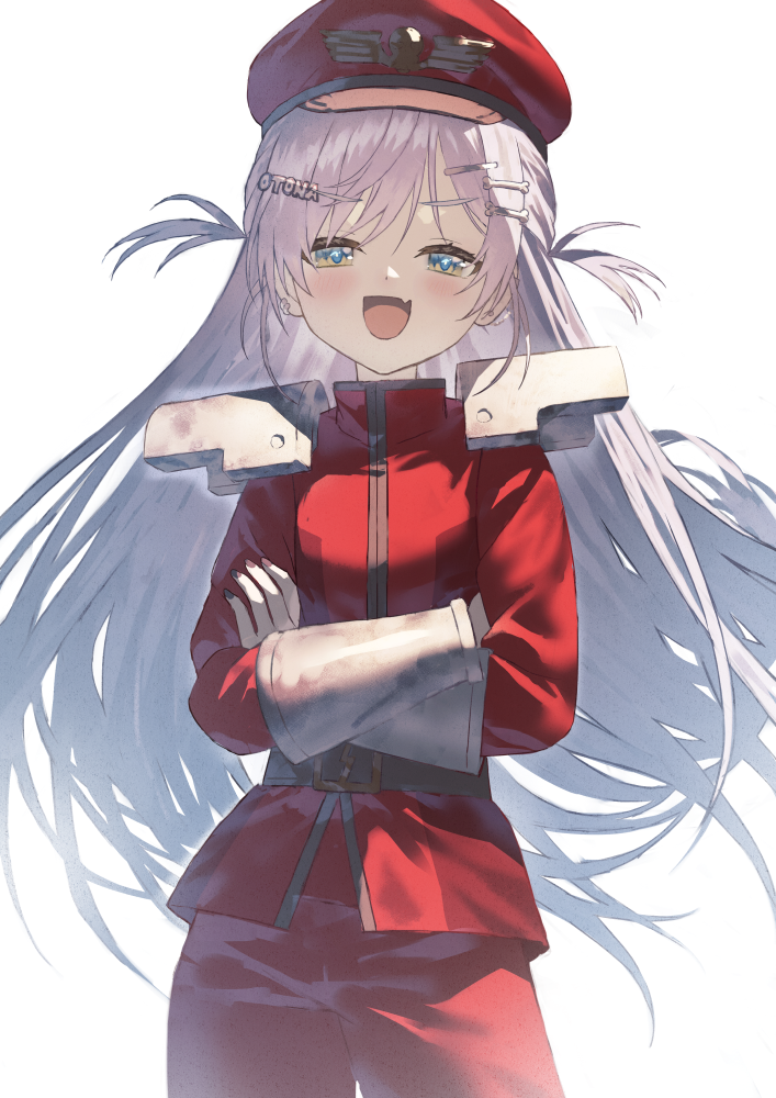 1girl, commentary, cosplay, crossed_arms, fagi_(kakikaki), hat, long_hair, m._bison