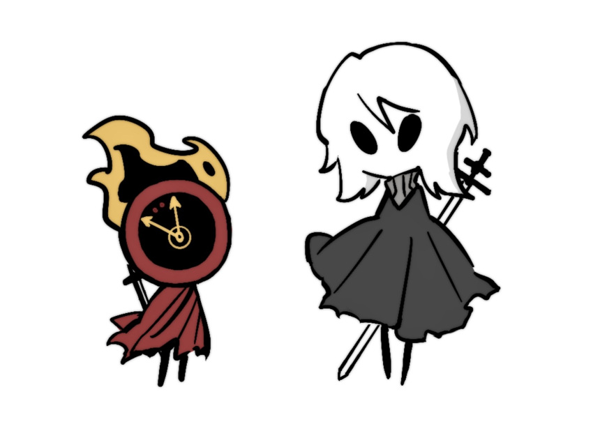 1girl, 1other, arthropod_girl, black_cloak, black_eyes, black_skin, blank_eyes, cape