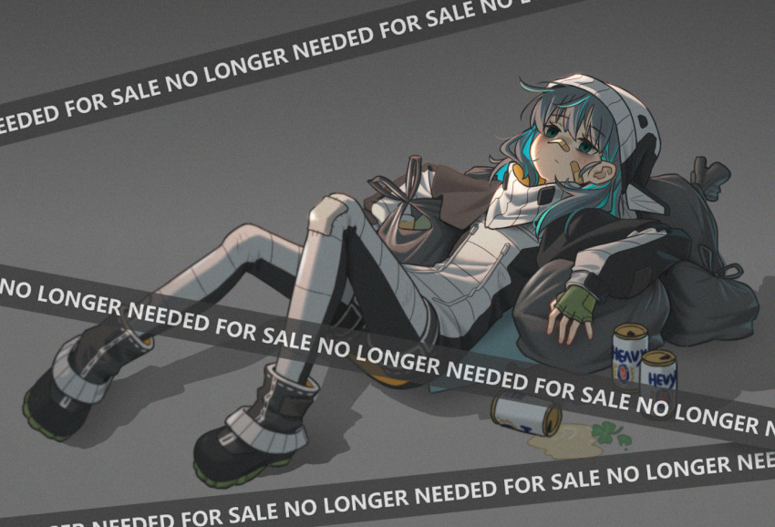 1girl, aqua_hair, bandaid, bandaid_on_cheek, bandaid_on_face, bandaid_on_nose, beer_can, black_hat