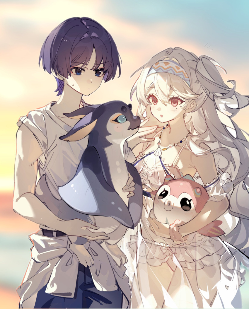1boy, 1girl, alternate_costume, artist_request, bare_shoulders, belt, black_belt, blue_eyes