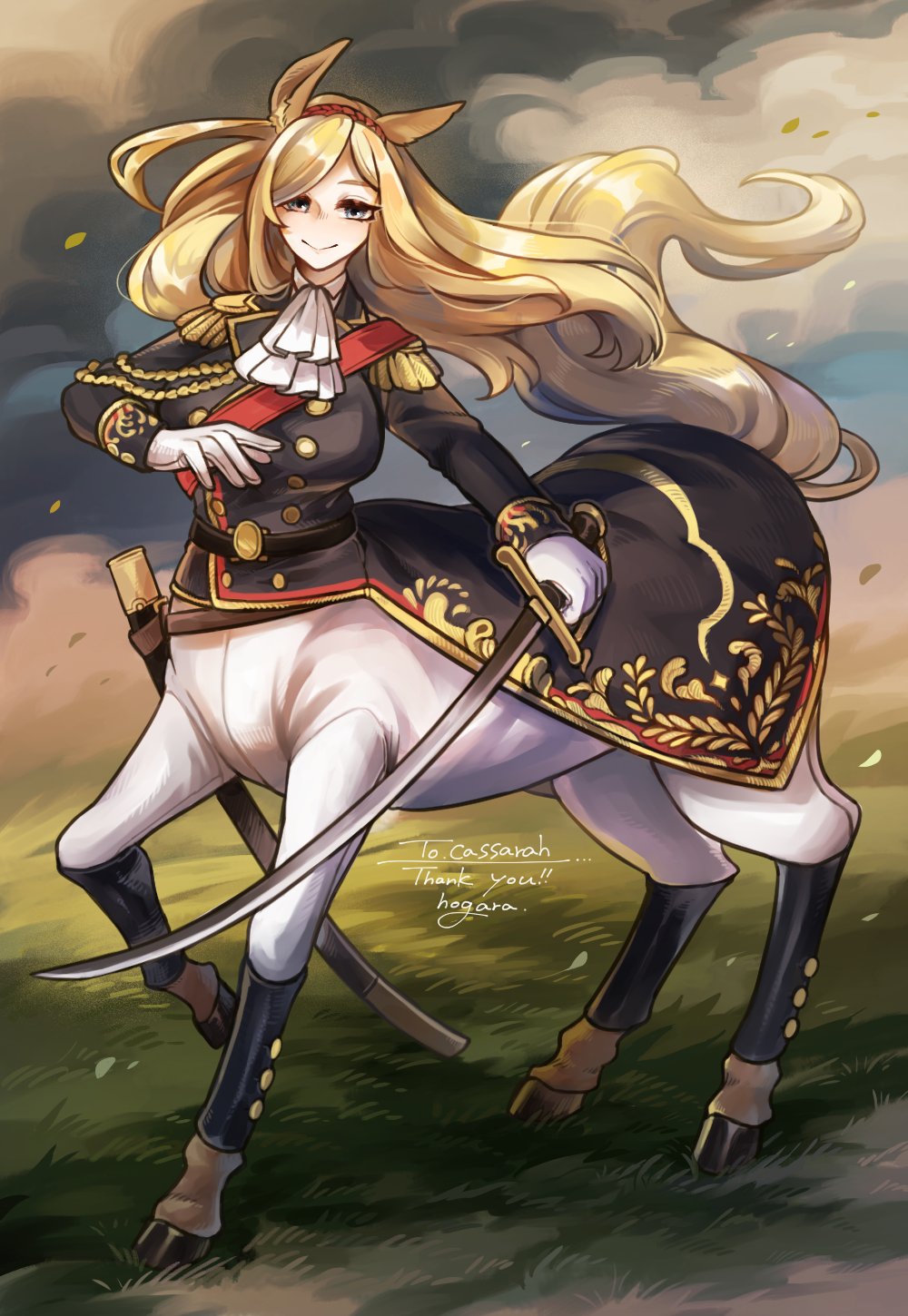 1girl, :>, aiguillette, animal_ears, ascot, belt, black_belt, black_coat, blonde_hair, blue_eyes, bodysuit, breasts, buttons, centaur, coat, commentary, commission, double-breasted, english_commentary, epaulettes, estelle_bellegarde_(cassarah), floating_hair, fringe_trim, full_body, gloves, gold_trim, grass, highres, hogara, holding, holding_sword, holding_weapon, hooves, horse_ears, horse_tail, large_breasts, long_hair, long_sleeves, military_coat, military_uniform, monster_girl, original, outdoors, parted_bangs, red_sash, sash, scabbard, second-party_source, sheath, shoulder_sash, skeb_commission, solo, standing_on_three_legs, sword, tail, taur, weapon, white_ascot, white_bodysuit, white_gloves, wind, yellow_tail