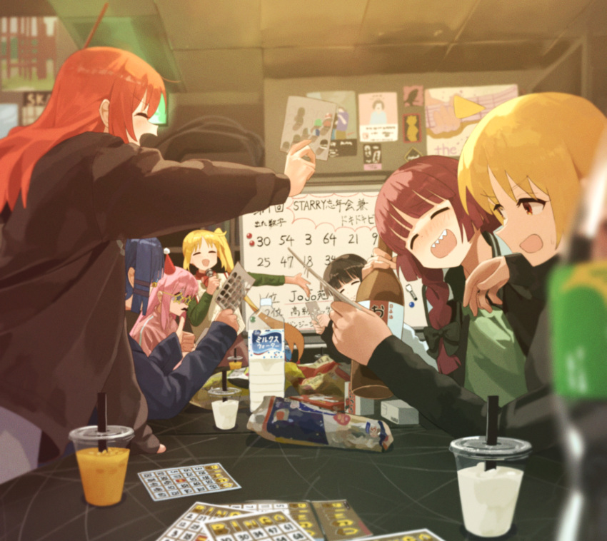 6+girls, ahoge, bed_sheet, bingo_(game), bingo_card, black_bow, black_dress, black_hair, black_jacket, blonde_hair, blue_hair, blue_jacket, blunt_bangs, bocchi_the_rock!, bottle, bow, brown_jacket, calpis, commentary_request, cup, detached_ahoge, disposable_cup, dress, film_grain, gotoh_hitori, green_dress, green_shirt, hair_ornament, hairclip, hat, highres, hiroi_kikuri, holding, holding_bottle, holding_sheet, ijichi_nijika, ijichi_seika, indoors, jacket, kessoku_band, kita_ikuyo, long_hair, multiple_girls, pa-san, party_hat, pink_hair, pink_track_suit, playing_games, purple_hair, red_hair, sake_bottle, sharp_teeth, shirasuke_0822, shirt, side_ponytail, sitting, slice_of_life, smoothie, star-shaped_eyewear, star_(symbol), sweater_vest, teeth, track_suit, upper_body, white_sweater_vest, yamada_ryo