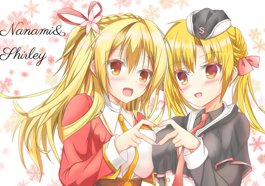 2girls, :d, amairo_islenauts, arihara_nanami, between_breasts, black_capelet, black_hat, black_shirt, blonde_hair, blush, bow, braid, breast_press, breasts, capelet, character_name, collared_shirt, commentary, company_connection, crossover, crown_braid, eyelashes, eyes_visible_through_hair, fen_cichlid_girls_academy_school_uniform, floating_hair, flower, four-finger_heart_hands, garrison_cap, hair_between_eyes, hair_bow, hair_flower, hair_ornament, hair_ribbon, happy, hat, heart, heart_hands, heart_hands_duo, highres, jacket, koyo_aki_(vtvd5277), large_breasts, long_hair, long_sleeves, look-alike, looking_at_viewer, low_twintails, multiple_girls, necktie, necktie_between_breasts, open_clothes, open_jacket, open_mouth, orange_eyes, pink_flower, red_bow, red_eyes, red_jacket, red_necktie, red_ribbon, ribbon, riddle_joker, school_uniform, shirley_warwick, shirt, side_braid, sidelocks, simple_background, smile, snowflakes, symmetrical_docking, twintails, upper_body, white_background, white_shirt, yellow_necktie, yuzu-soft