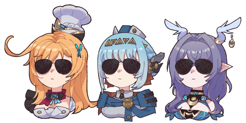3girls, :|, absurdres, antler_ornament, antlers, blue_hair, braid, chef_hat