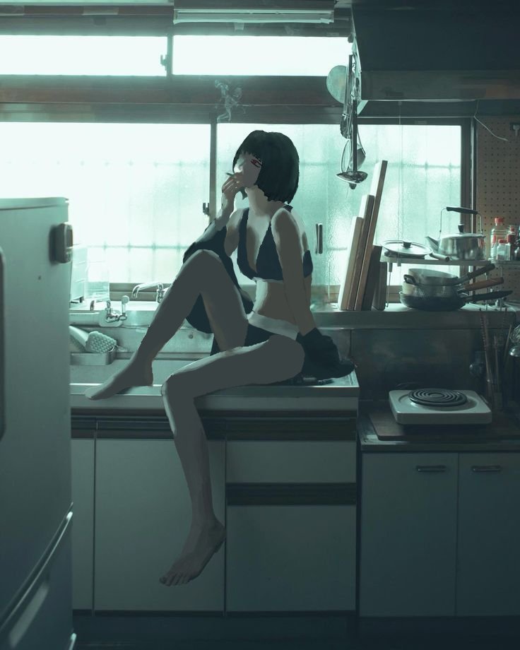 1girl, art_study, atmospheric_perspective, bare_shoulders, barefoot, black_hair, black_jacket, bob_cut