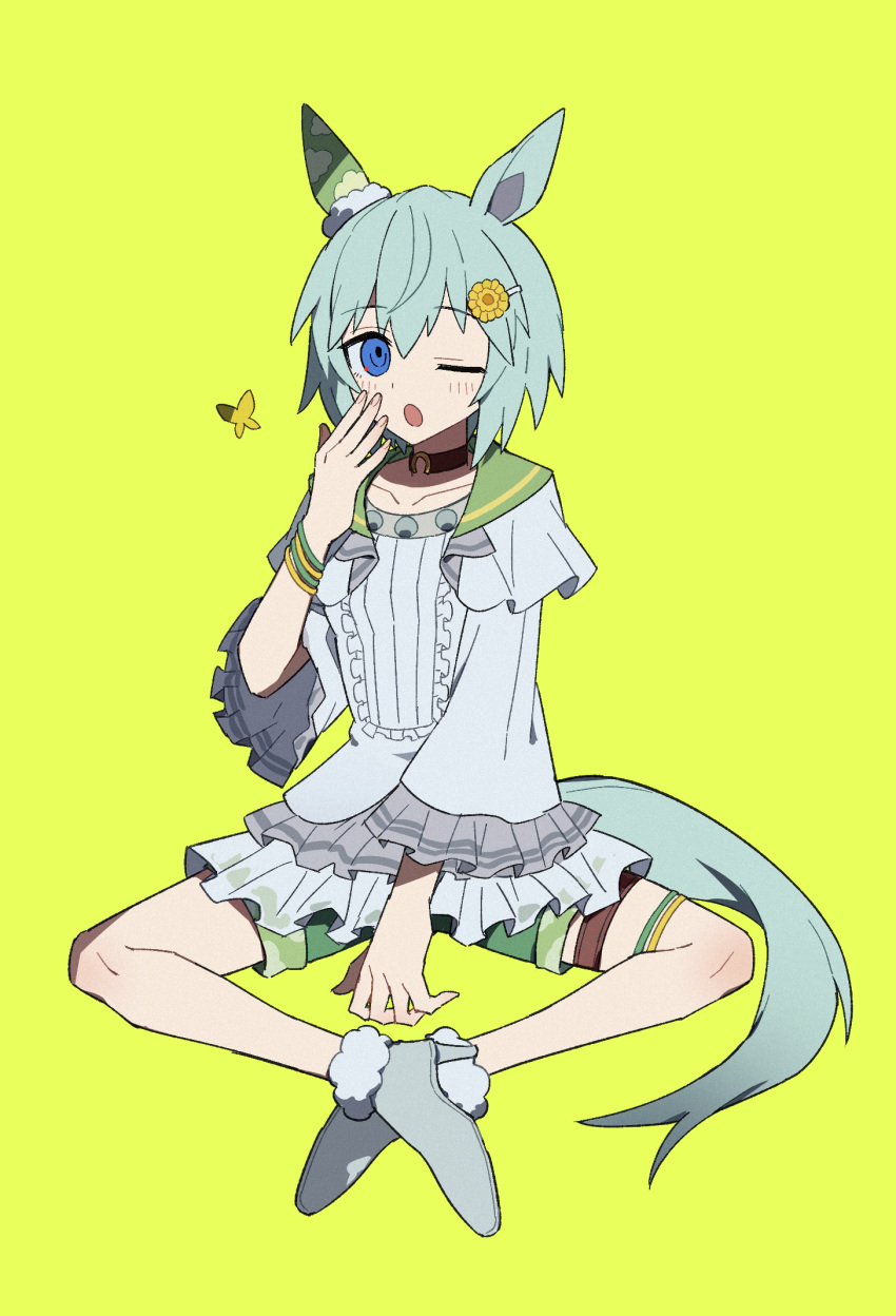 1girl, animal_ears, blouse, blue_eyes, blush, brown_choker, bug, butterfly