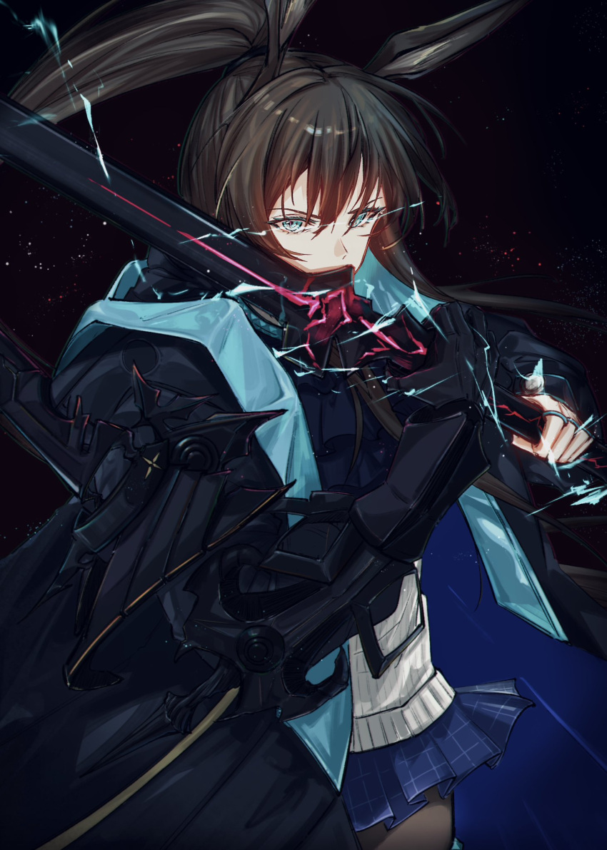 1girl, amiya_(arknights), amiya_(guard)_(arknights), animal_ears, aqua_eyes, arknights, black_background, black_coat
