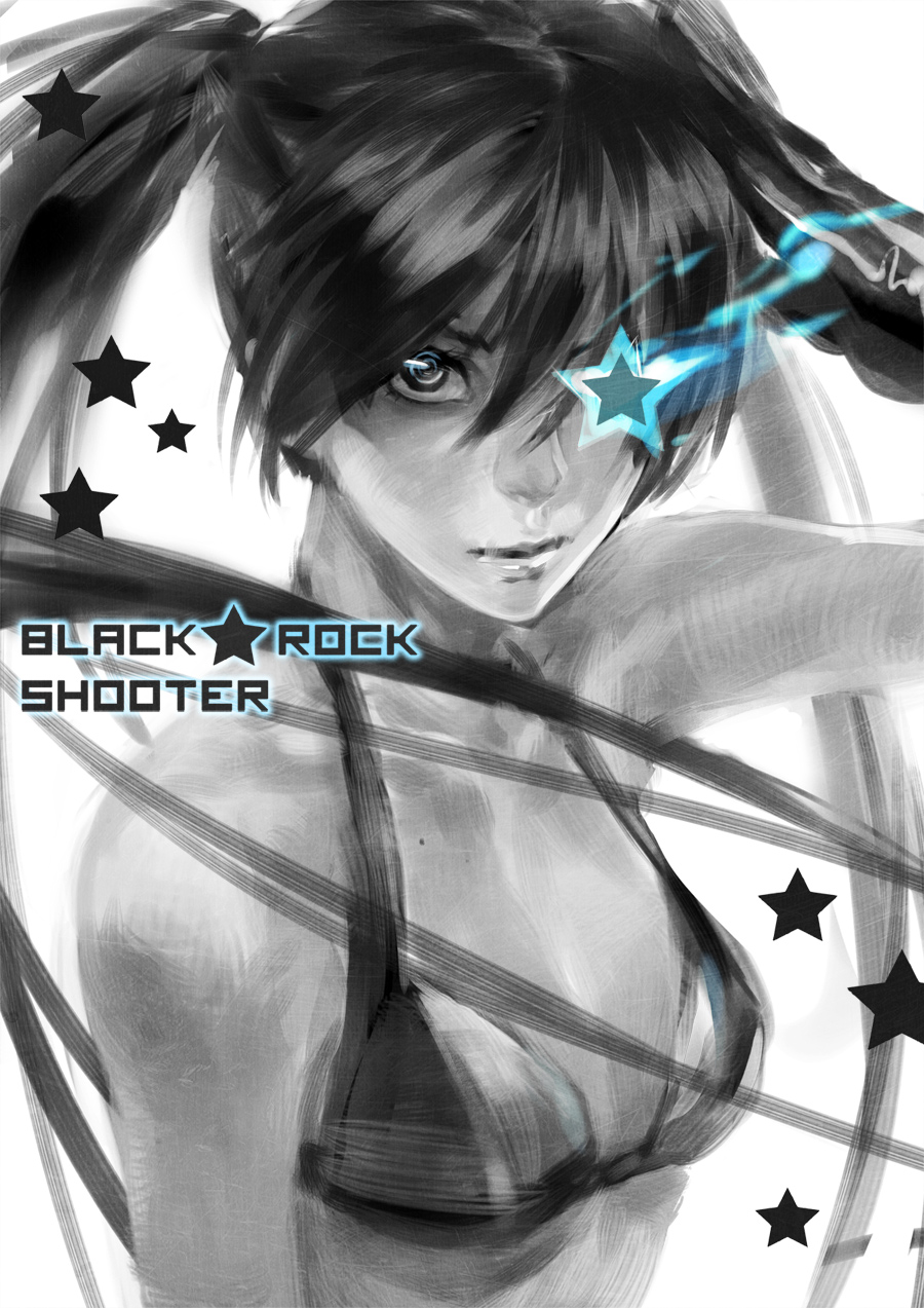 bikini_top, black_hair, black_rock_shooter, black_rock_shooter_(character), highres, long_hair, monochrome, nadzomi_viro