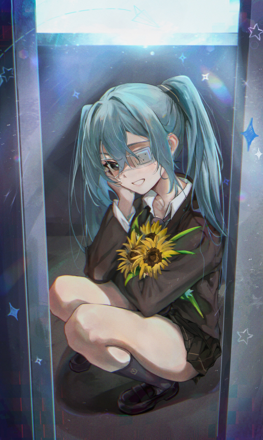 1girl, absurdres, aqua_eyes, aqua_hair, brown_jacket, brown_skirt, commentary, eyepatch