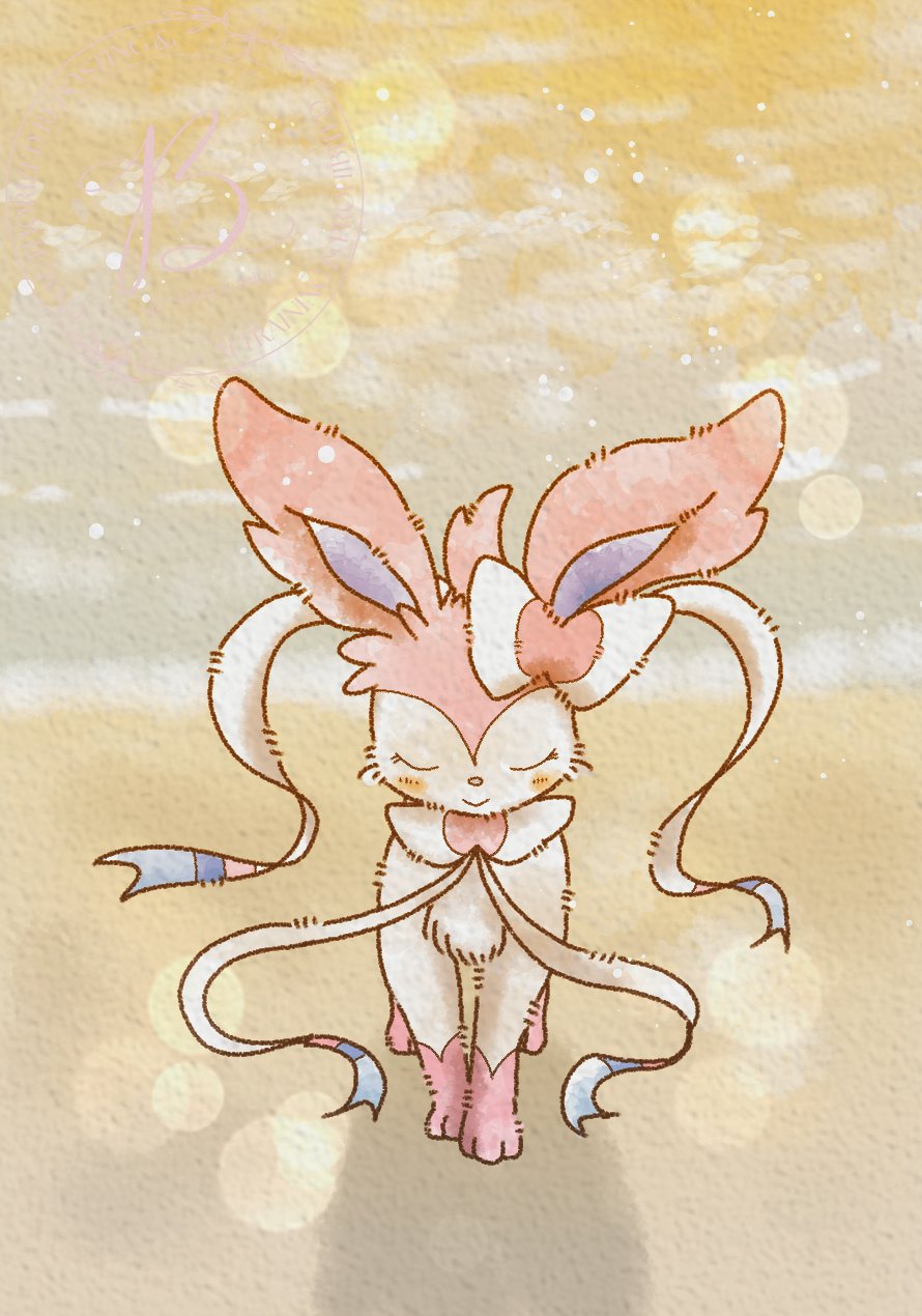 animal_focus, baya_(sakura_mint), beach, blush, bow, closed_eyes, closed_mouth, facing_viewer, highres, no_humans, ocean, outdoors, pink_fur, pokemon, pokemon_(creature), pokemon_focus, ribbon, smile, solo, sylveon, two-tone_fur, water, white_fur