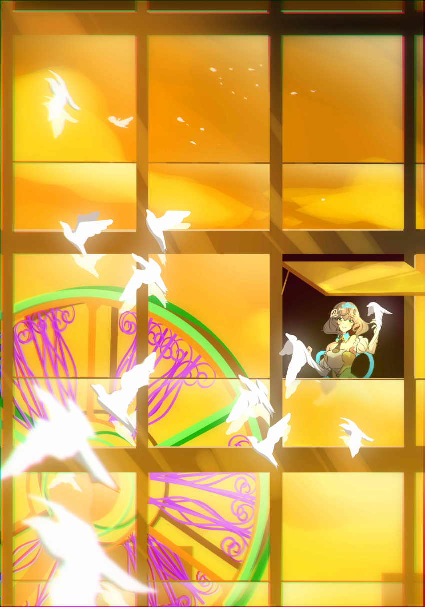 1girl, absurdres, bird, blurry, brown_hair, depth_of_field, dove, final_fantasy, final_fantasy_xiv, green_eyes, highres, mmomentliveart, reflection, smile, sphene_(ff14), window