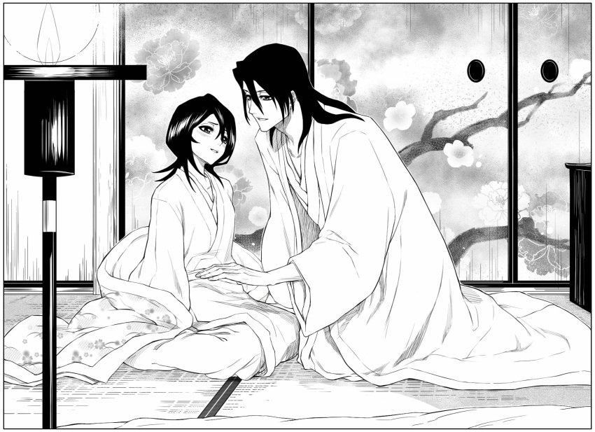 1boy, 1girl, alternate_costume, antatica11, architecture, black_hair, bleach, blush
