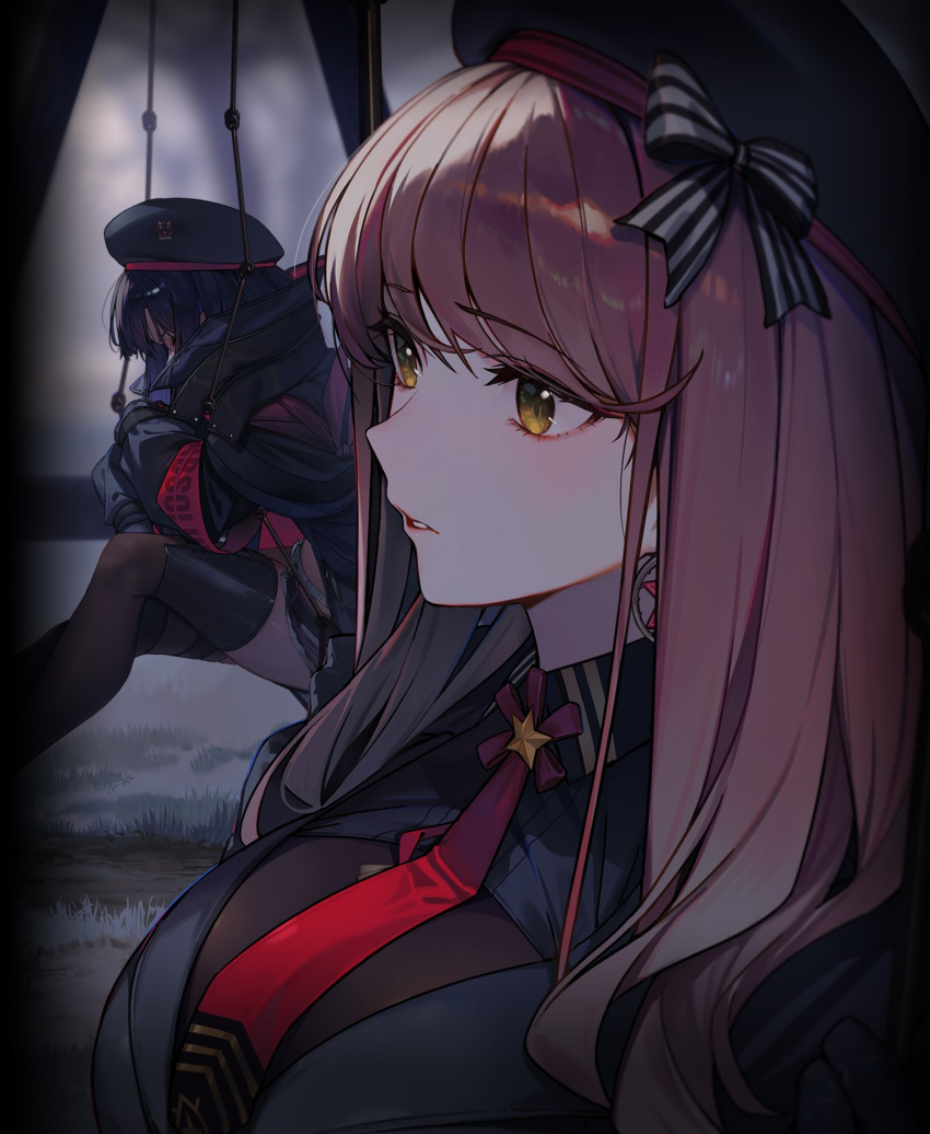 2girls, beret, black_hair, blurry, blurry_background, bow, breasts, brown_hair