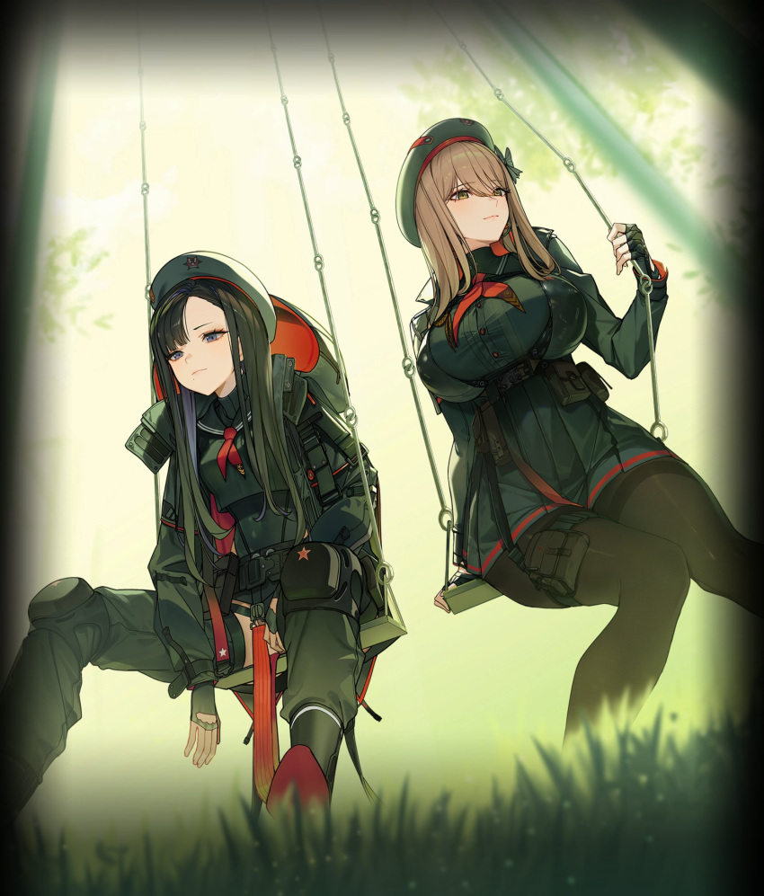 2girls, beret, black_hair, blurry, blurry_foreground, breasts, brown_hair, closed_mouth