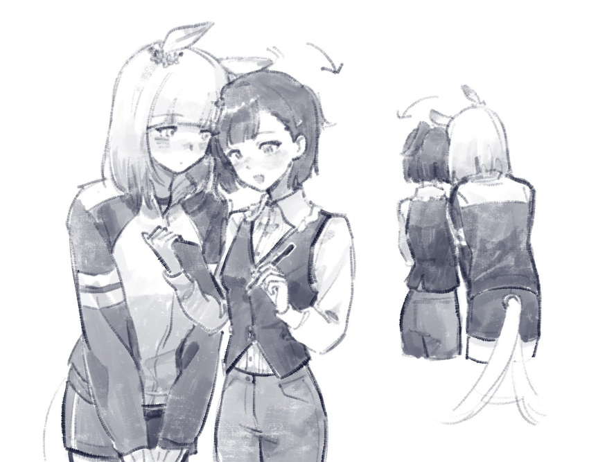 2girls, animal_ears, arrow_(symbol), asymmetrical_bangs, back, blunt_bangs, blunt_ends, blush