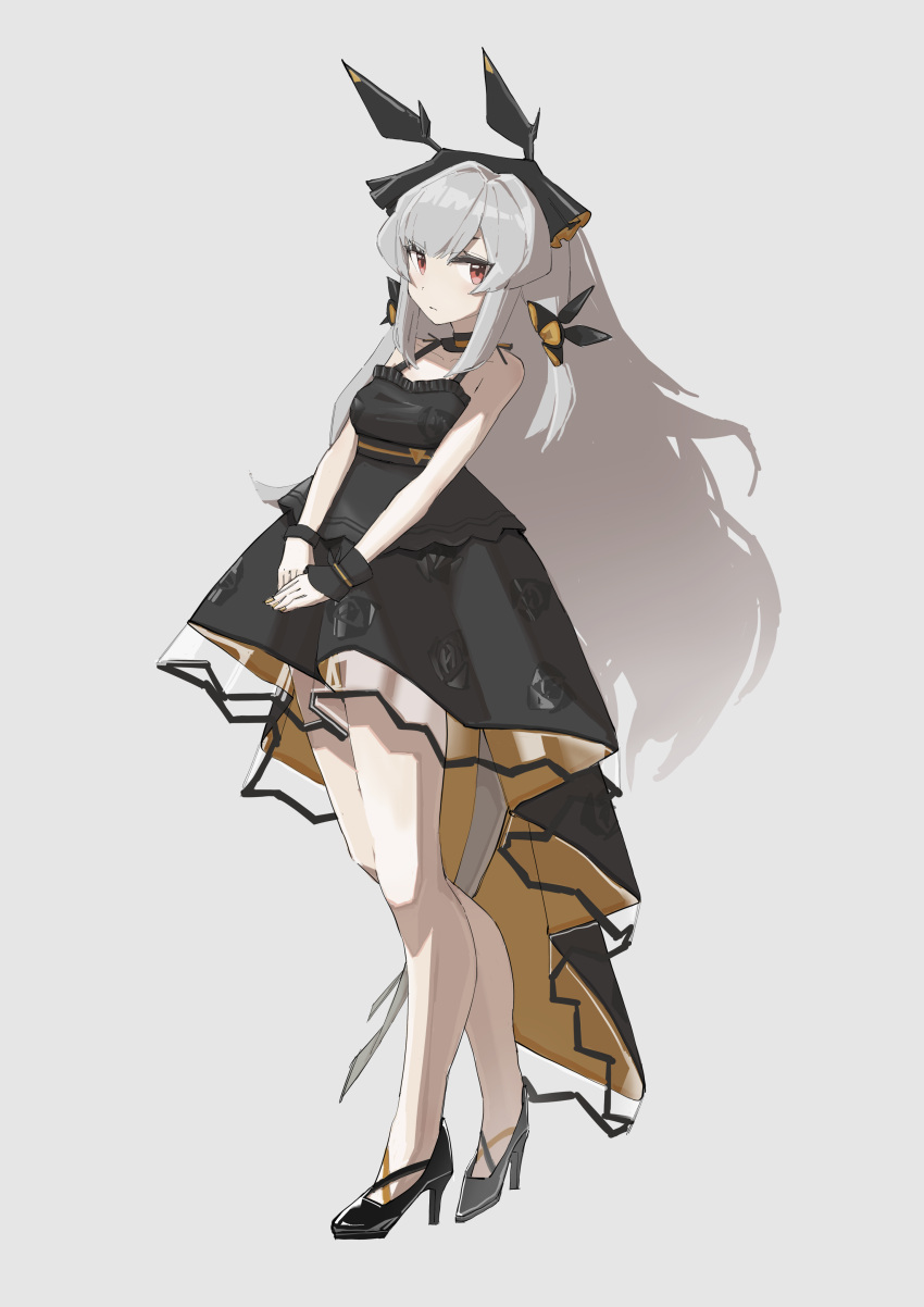1girl, absurdres, arknights, bare_shoulders, black_dress, black_shoes, closed_mouth, commentary