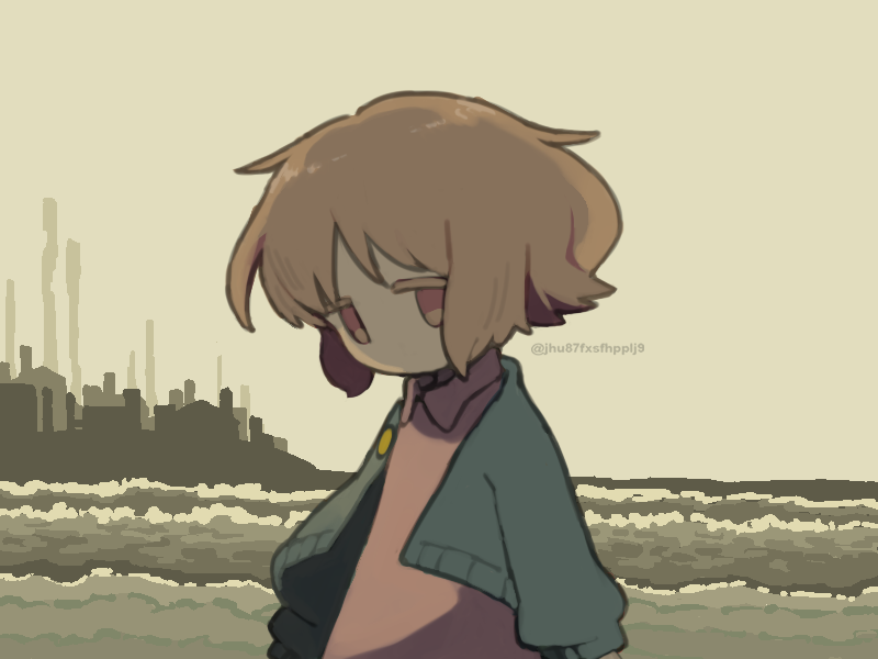 1girl, brown_eyes, brown_hair, commentary, deformed, dress, jacket, long_hair, long_sleeves, looking_at_viewer, monochrome_background, nire_(yuque), no_mouth, no_nose, no_sclera, ocean, outdoors, pink_dress, puffy_long_sleeves, puffy_sleeves, regurusu_(nagarevosi), short_hair, silhouette, solo, twitter_username, waves, wind, yuque