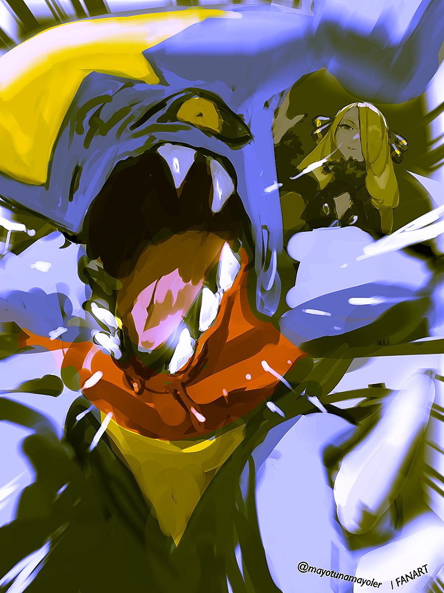 1girl, black_sclera, blonde_hair, closed_mouth, coat, colored_sclera, cynthia_(pokemon), fangs