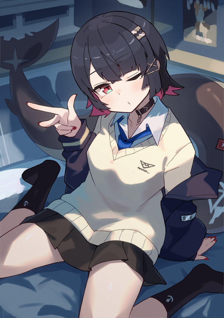 1girl, absurdres, black_skirt, black_socks, blue_necktie, colored_inner_hair, ellen_joe, fins