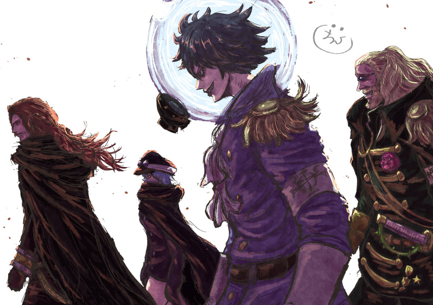 1girl, 3boys, armband, black_cape, black_eyes, black_hair, black_lips, blonde_hair