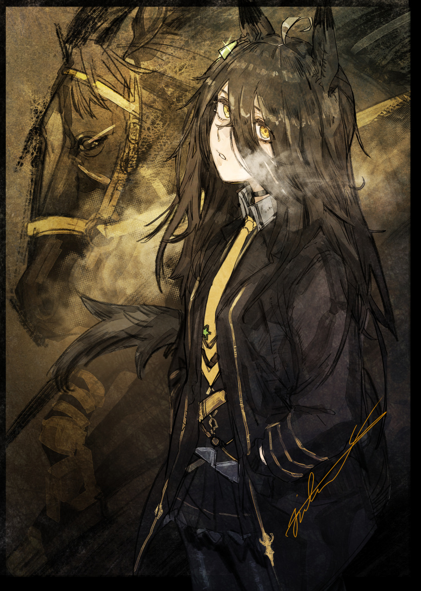 1girl, absurdres, ahoge, animal_ears, black_choker, black_coat, black_gloves, black_hair
