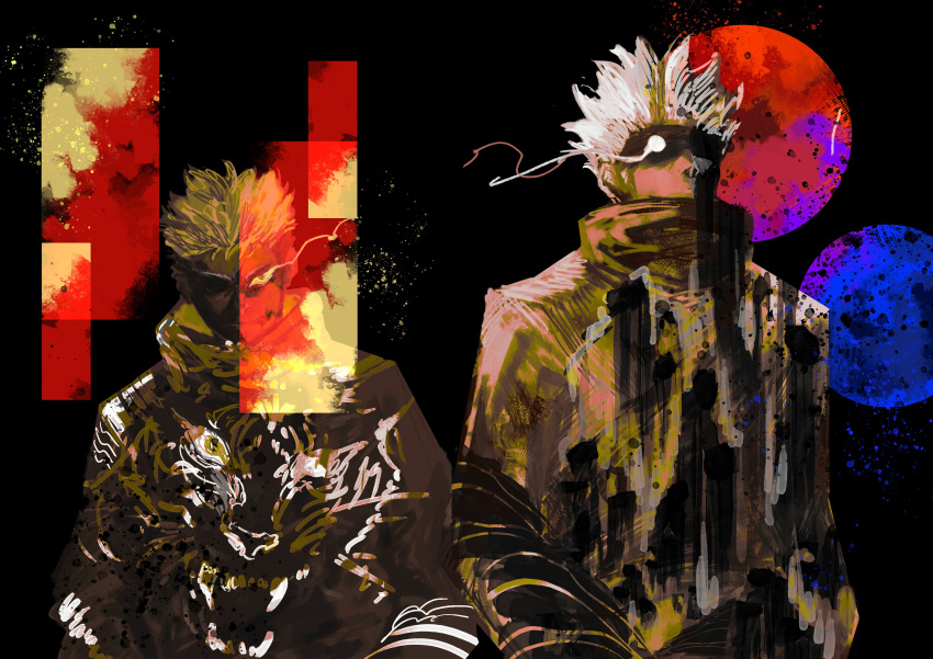 2boys, absurdres, animal_print, black_background, black_jacket, blindfold, blue_circle, circle