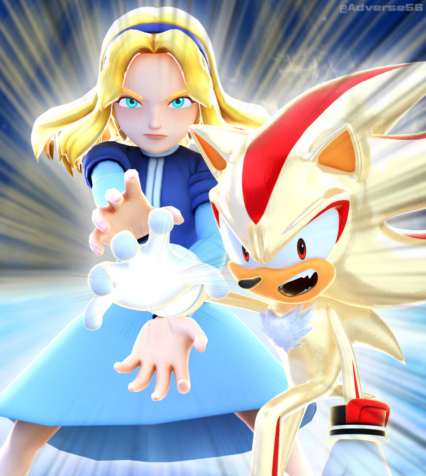 1boy, 1girl, 3d, adverse56, animal_ears, animal_nose, artist_name, blender_(medium), blonde_hair, blue_dress, blue_hairband, body_fur, bracelet, dragon_ball, dragon_ball_z, dress, father-son_kamehameha, furry, furry_male, gloves, green_eyes, hairband, hedgehog_boy, highres, inhibitor_rings, jewelry, kamehameha_(dragon_ball), long_hair, long_sleeves, maria_robotnik, open_mouth, red_eyes, red_fur, red_hair, shadow_the_hedgehog, short_tail, sonic_(series), super_shadow, tail, two-tone_fur, white_gloves, yellow_fur