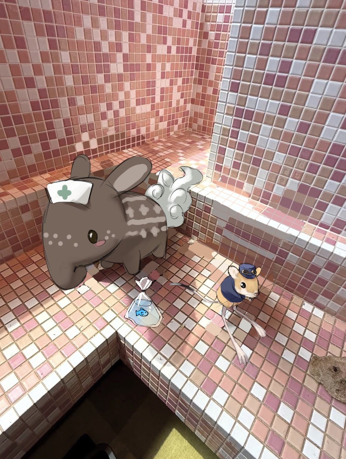 3others, air_bubble, animal, animalization, bag, blush_stickers, bubble, dooby, dooby_(jerboa), fish, goggles, goggles_on_headwear, hat, highres, indie_virtual_youtuber, indoors, looking_at_viewer, multiple_others, nimi_nightmare, nimi_nightmare_(tapir), no_humans, nurse_cap, photo-referenced, photo_background, plastic_bag, sameko_saba, sameko_saba_(fish), tile_floor, tile_wall, tiles, whiskers, yubbiidraw