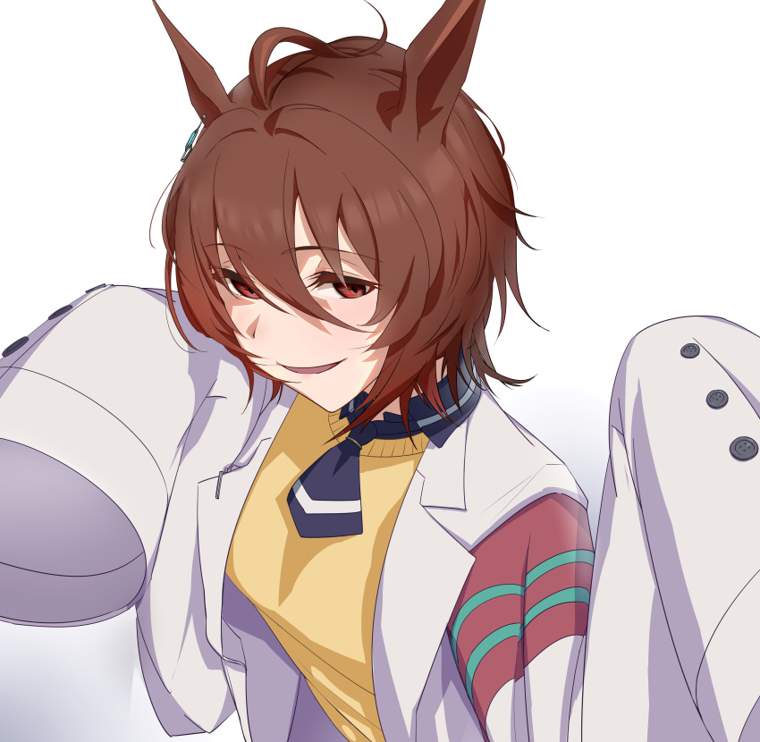 1girl, absurdres, agnes_tachyon_(tach-nology)_(umamusume), agnes_tachyon_(umamusume), ahoge, animal_ears, ascot, black_ascot, brown_eyes, brown_hair, commentary, etobane, hair_between_eyes, hands_up, highres, horse_ears, horse_girl, jacket, lapels, long_bangs, looking_at_viewer, shirt, short_hair, simple_background, sleeves_past_fingers, sleeves_past_wrists, smug, solo, umamusume, upper_body, white_background, white_jacket, yellow_shirt