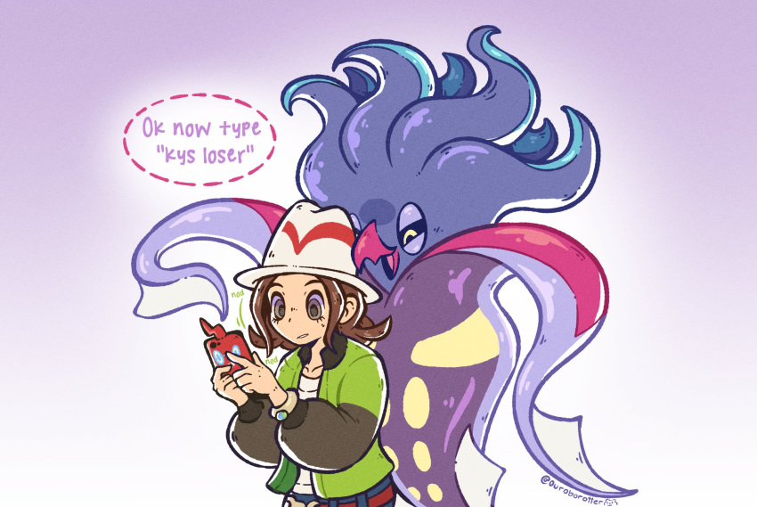 1girl, beak, belt, breasts, brown_eyes, brown_hair, closed_mouth, english_text, green_jacket, harmony_(pokemon), hat, highres, holding, holding_phone, jacket, long_sleeves, malamar, mind_control, open_clothes, open_jacket, open_mouth, ouroborotter, pants, phone, pokemon, pokemon_(creature), pokemon_legends:_z-a, rotom, rotom_phone, shirt, short_hair, speech_bubble, squid, tentacles, text_messaging, white_hat, white_shirt, yellow_eyes