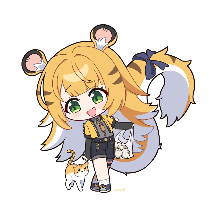 1girl, 1other, animal_ear_fluff, animal_ears, bag, blue_shoes, bow, cat, colored_inner_hair, fang, green_eyes, high-waist_shorts, highres, holding, holding_bag, jacket, ju_fufu, looking_at_animal, luceee, medallion, multicolored_hair, open_mouth, orange_fur, shoes, shopping_bag, shorts, socks, striped_fur, striped_hair, tail, tail_bow, tail_ornament, thigh_strap, tiger_ears, tiger_girl, tiger_stripes, tiger_tail, white_background, white_socks, yellow_jacket, zenless_zone_zero
