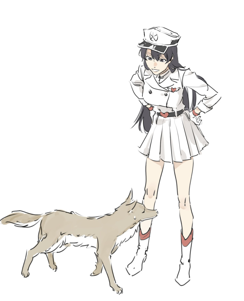 1girl, :d, bambietta_basterbine, belt, black_belt, black_eyes, black_hair, bleach, bleach:_sennen_kessen-hen, boots, brooch, brown_dog, buttons, dog, double-breasted, full_body, gloves, grin, hair_between_eyes, hair_over_shoulder, hands_on_own_hips, hat, heart, heart_belt, heart_brooch, highres, jacket, jewelry, komamura_sajin, long_hair, long_sleeves, looking_at_animal, looking_down, military_hat, military_uniform, miniskirt, nanao_parakeet, peaked_cap, pleated_skirt, simple_background, sketch, skirt, smile, solo, very_long_hair, white_background, white_boots, white_gloves, white_hat, white_jacket, white_skirt