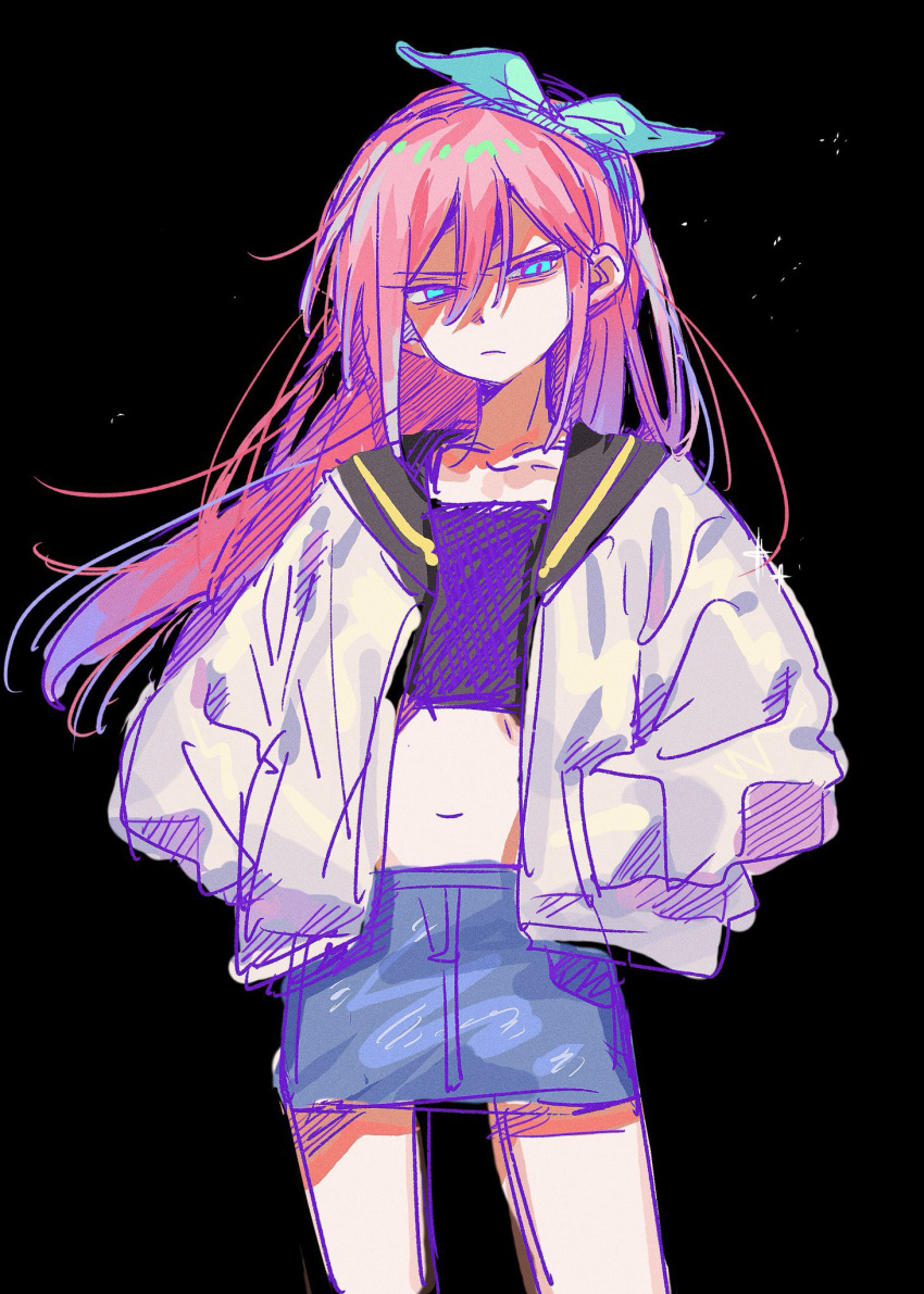 1girl, angry, atsu_exist, aubrey_(faraway)_(omori), aubrey_(omori), black_background, black_sailor_collar, black_shirt, blue_eyes, blue_hairband, blue_skirt, bow_hairband, closed_mouth, cowboy_shot, crop_top, cropped_shirt, denim, denim_skirt, double-parted_bangs, frown, hair_between_eyes, hairband, half-closed_eyes, hands_in_pockets, hatching_(texture), highres, jacket, long_hair, long_sleeves, looking_at_viewer, midriff, miniskirt, navel, omori, open_clothes, open_jacket, pink_hair, puffy_long_sleeves, puffy_sleeves, sailor_collar, shaded_face, shirt, sidelocks, simple_background, skirt, solo, standing, v-shaped_eyebrows, very_long_hair, white_jacket, wind