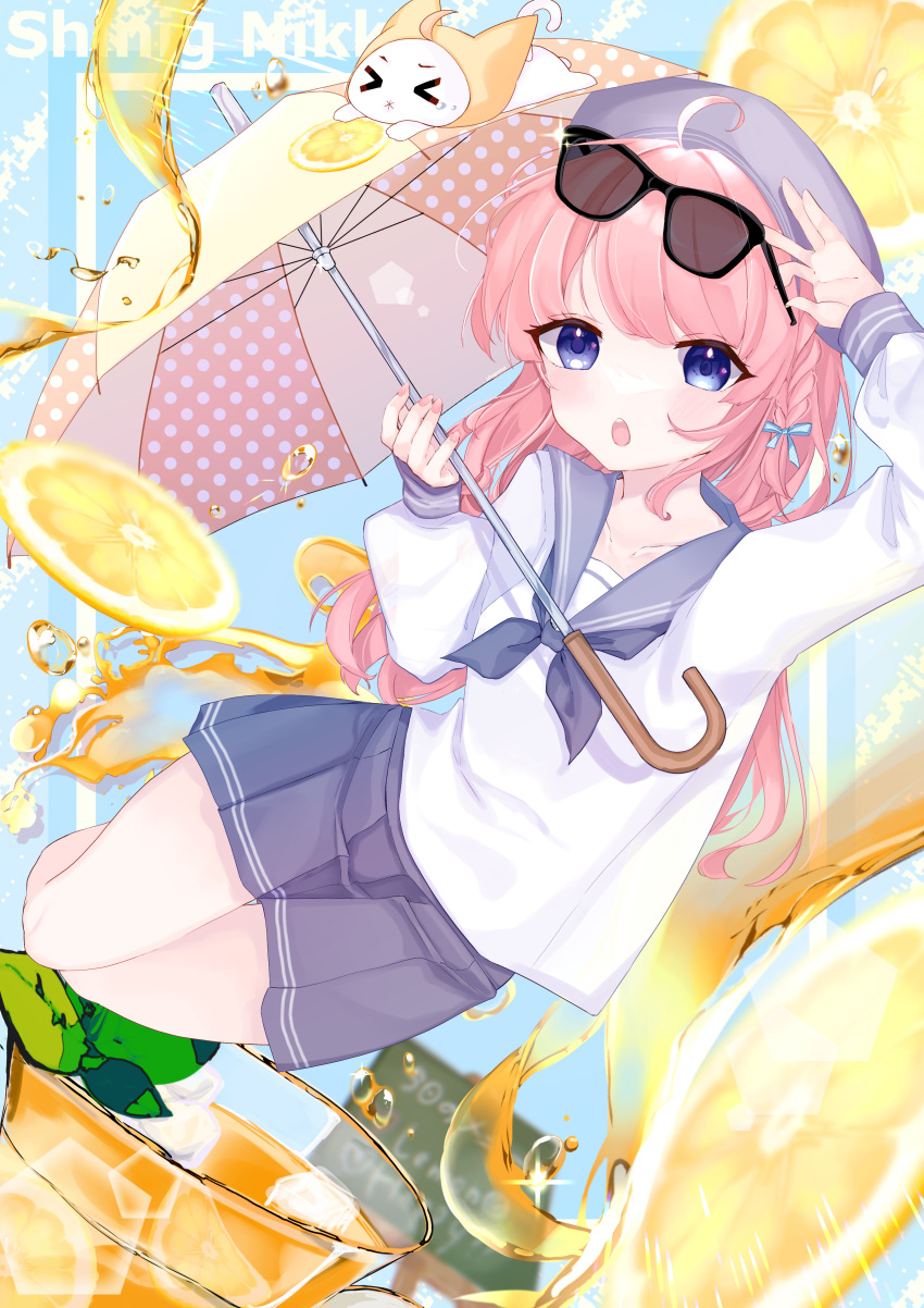 >_<, 1girl, absurdres, adjusting_eyewear, ahoge, animal, bare_legs, beret, black-framed_eyewear, blue_background, blue_bow, blue_eyes, blue_hat, blue_neckerchief, blue_sailor_collar, blue_skirt, bow, braid, cat, cloak, clothed_animal, collarbone, cup, drinking_glass, ear_covers, eyelashes, eyewear_on_head, falling, fantasy_of_the_sky_(shining_nikki), food, fruit, full_body, hair_bow, hand_on_eyewear, hat, highres, holding, holding_umbrella, hood, hood_up, hooded_cloak, ice, ice_cube, leaf, lemon, lemon_slice, lemonade, light_blush, long_hair, long_sleeves, looking_at_viewer, miniskirt, momo_(nikki), neckerchief, nikki_(nikki), nikki_(series), open_mouth, pink_hair, pleated_skirt, polka_dot, polka_dot_umbrella, puffy_long_sleeves, puffy_sleeves, sailor_collar, school_uniform, serafuku, shining_nikki, shirt, sign, single_braid, skirt, sparkle, sunglasses, teeth, umbrella, upper_teeth_only, utagoma, very_long_hair, white_cat, white_shirt, yellow_cloak, yellow_umbrella