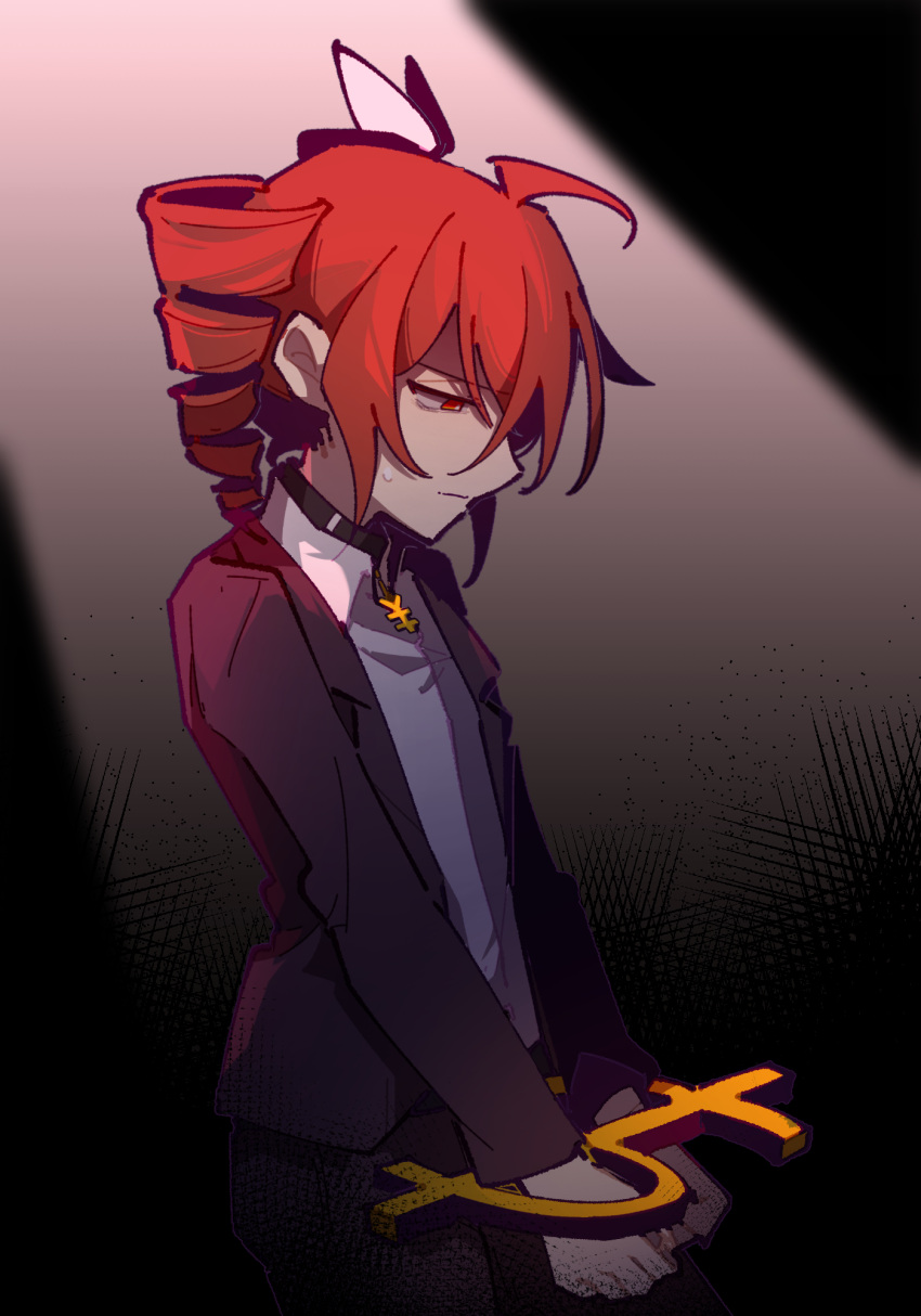 1girl, ahoge, black_jacket, black_pants, blue_shirt, bound, bound_wrists, bow