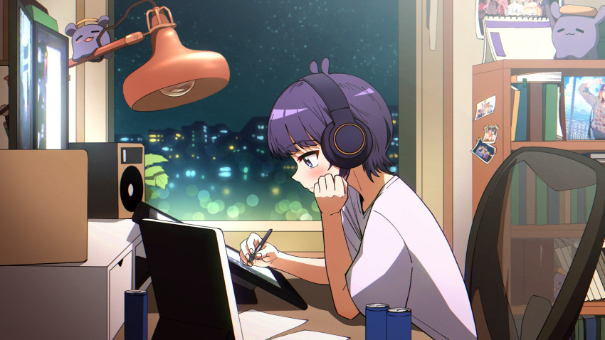 1girl, blush, book, bookshelf, calendar_(object), can, chair, closed_mouth