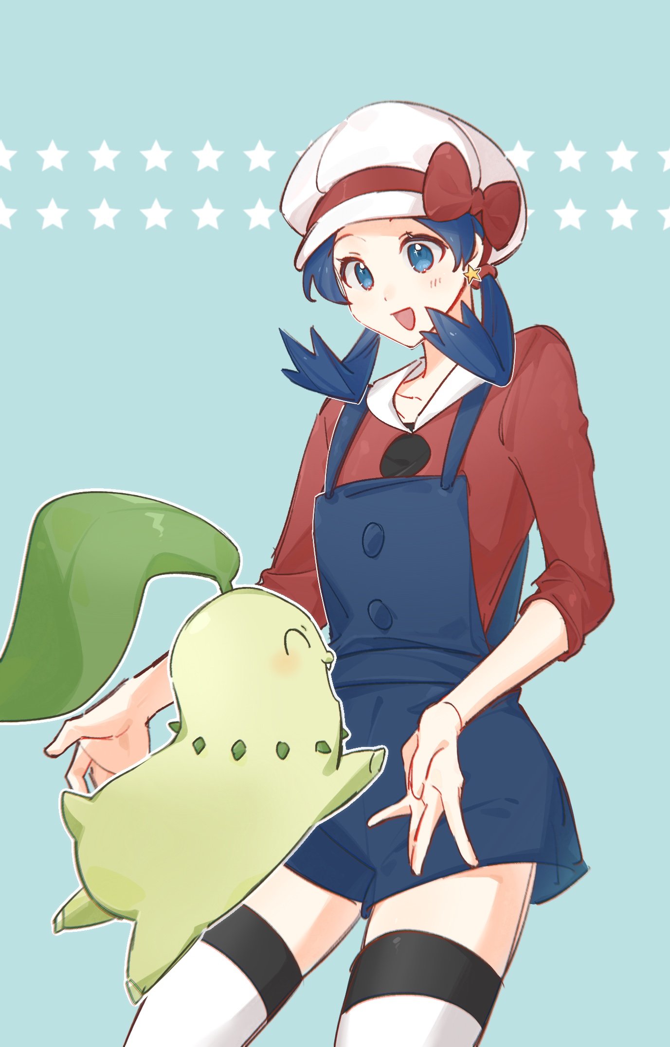 1girl, blue_eyes, blue_hair, blue_overalls, blush, bow, breasts, chikorita