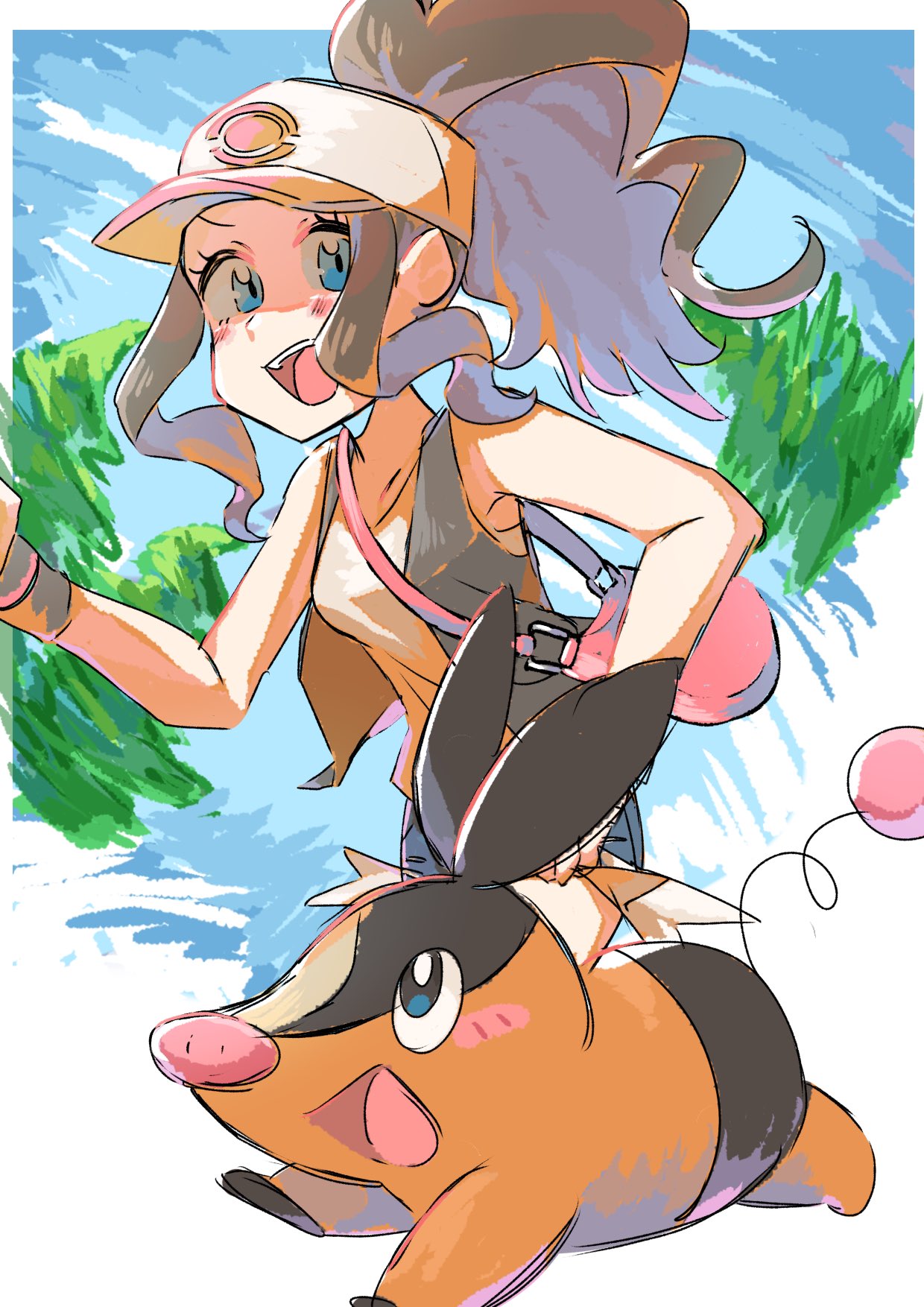 1girl, baseball_cap, black_vest, blue_eyes, blush, breasts, brown_hair, cutoffs