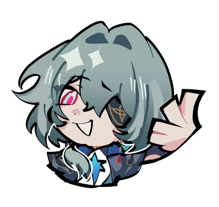 1boy, anaxa_(honkai:_star_rail), aqua_hair, blue_eyes, chibi, commentary, english_commentary, eyepatch
