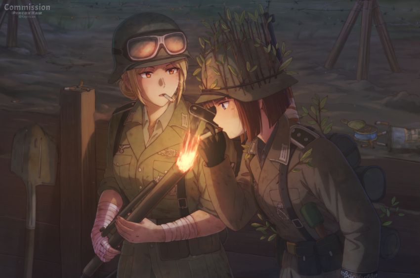 2girls, absurdres, blonde_hair, blue_eyes, brown_eyes, brown_hair, cigarette, collar_tabs