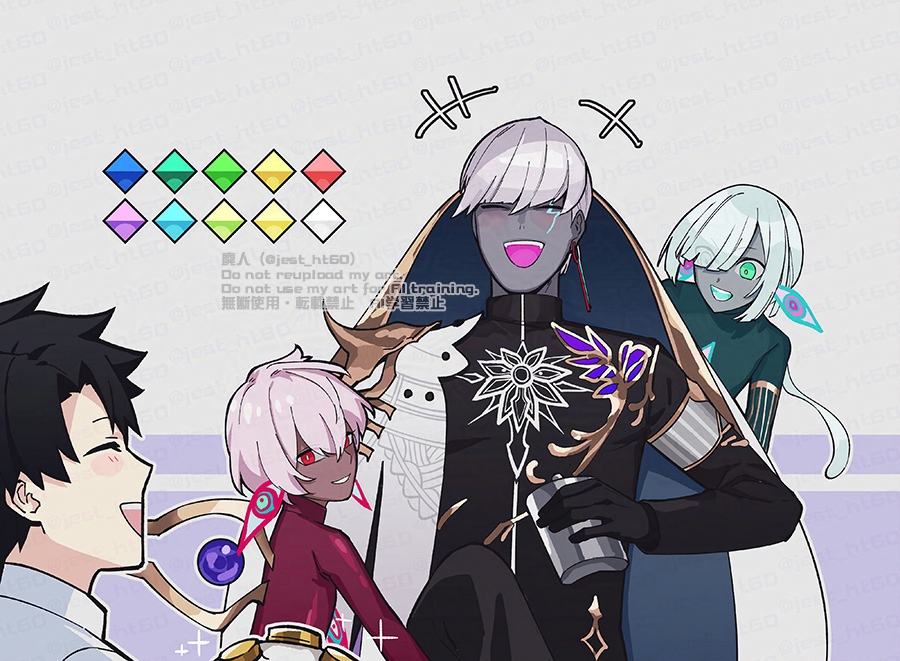 1girl, 3boys, alcohol, black_hair, black_shirt, boy_vajra_(fate), closed_eyes, fate/grand_order