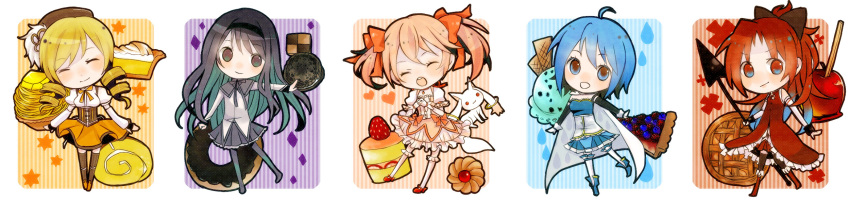 akemi_homura, apple, black_hair, blonde_hair, blue_hair, cake, chibi, cookie, dango, doughnut, drill_hair, everyone, food, fruit, highres, ice_cream, kaname_madoka, kyubey, magical_girl, mahou_shoujo_madoka_magica, masaki_natsume, miki_sayaka, multiple_girls, pie, pink_hair, red_hair, redhead, sakura_kyouko, strawberry_shortcake, tomoe_mami, wagashi