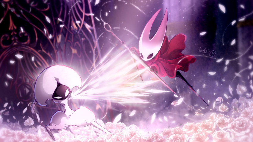 2girls, absurdres, artist_name, battle, black_eyes, blank_eyes, cloak, duel, ediptus, flower, highres, holding, holding_weapon, hollow_knight, hollow_knight:_silksong, horned_mask, hornet_(hollow_knight), horns, lace_(hollow_knight), mask, multiple_girls, needle_(hollow_knight), petals, red_cloak, weapon, white_eyes, white_flower, white_mask, white_petals