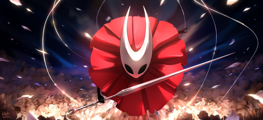 black_eyes, blank_eyes, charging_forward, cloak, highres, holding, holding_weapon, hollow_knight