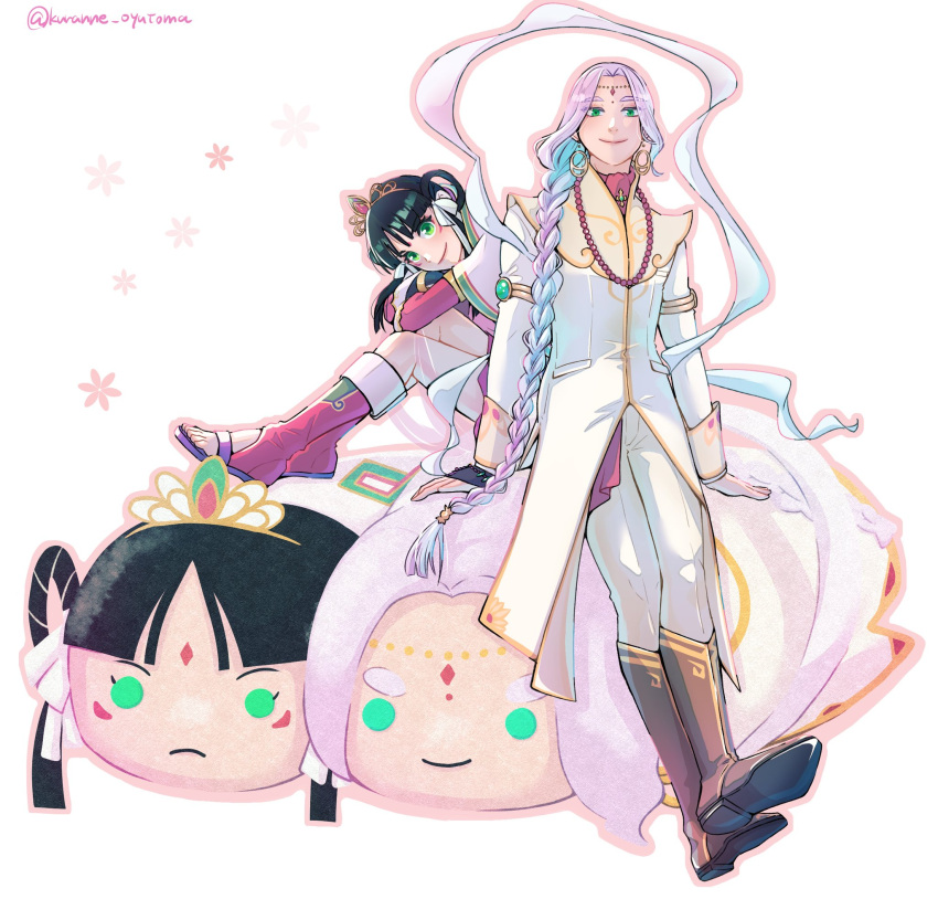 1boy, 1girl, ace_attorney, bindi, black_hair, boots, braid, braided_ponytail